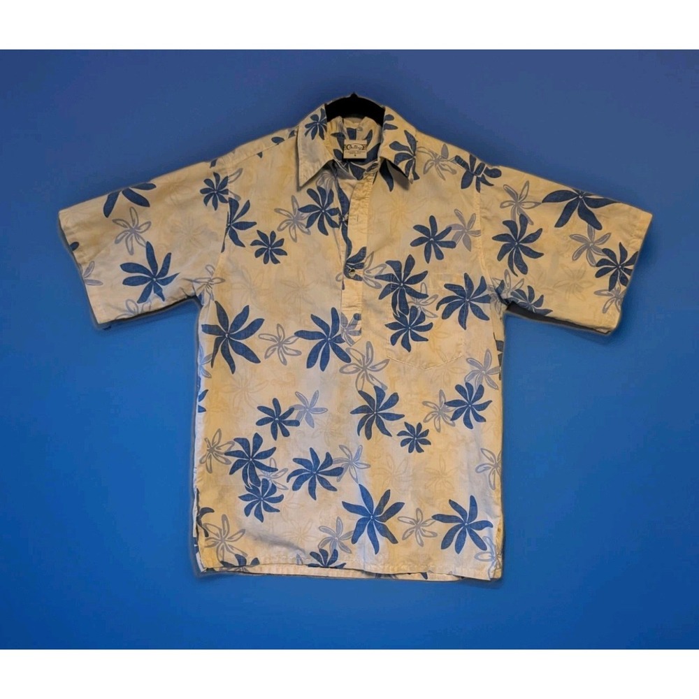 Go Barefoot Men's Hawaiian‎ Blue Floral Reverse Print Aloha Shirt Size Small USA